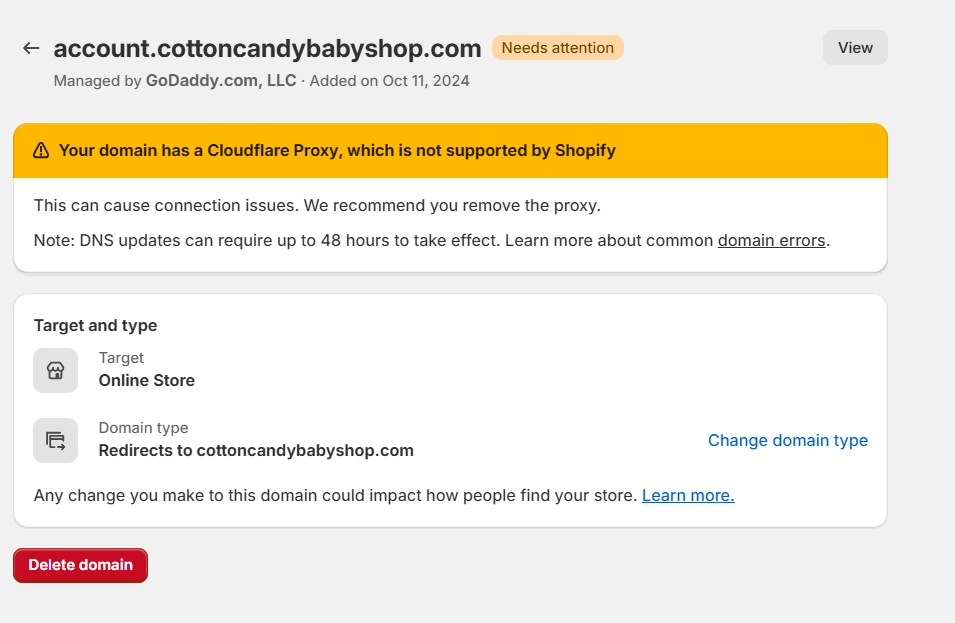 Cloudflare proxy causing Shopify SSL pending warning